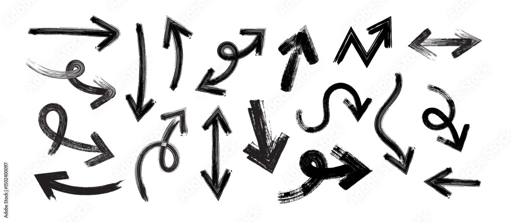 Arrows in Grunge style Set, Grunge arrow brush drawn, hand sketched scribbles doodle decorative direction pointers element design vector collection Arrows in Grunge style Set, Grunge arrow brush drawn, hand sketched scribbles doodle decorative direction pointers element design vector collection