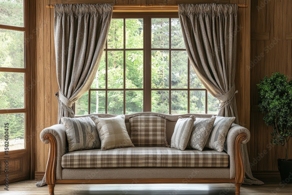 Fototapeta premium Classic wooden living room featuring elegant sofa near large window with lush greenery outside, interior house wooden classic living room with a window and curtain, sofa outdoor view and freshness
