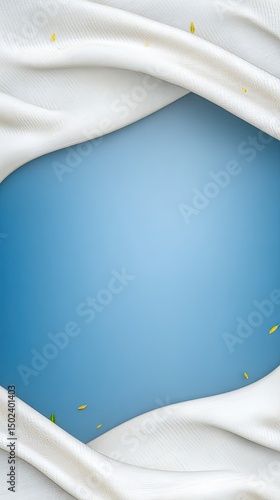Elegant white fabric with scattered yellow leaves on soft blue background. Generative AI