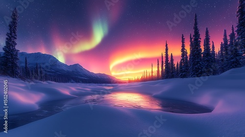 Winters aurora glow over a snowy landscape