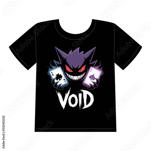 Mystical Shadow Creature Logo with Glowing Eyes and Levitating Cards – T-Shirt Design

