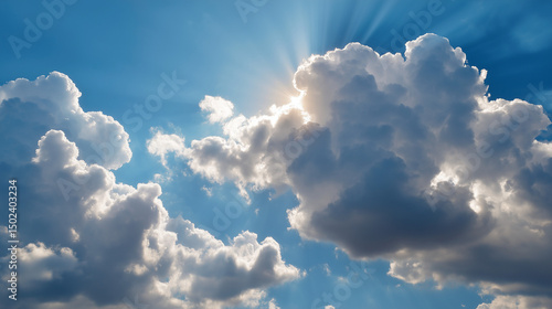A scenic view of a bright blue sky filled with large, soft clouds. The sun is partially hidden behind the clouds, casting warm light rays.
