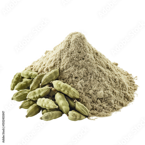 Green cardamom pods and powder isolated on transparent background
