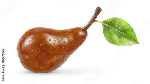 Brown pear isolated on white background with water droplets and green leaf. Generative AI