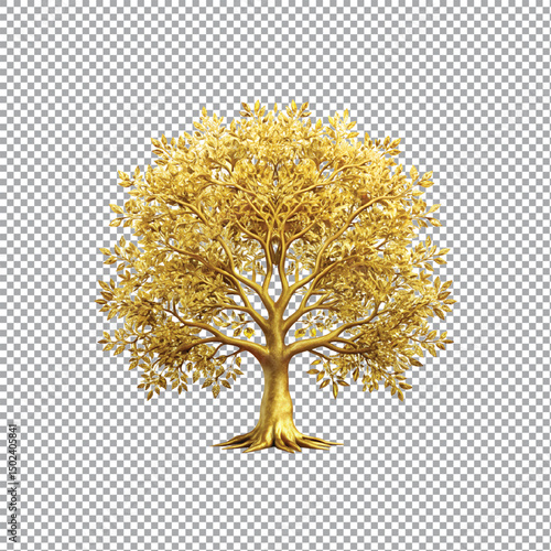 A golden tree with yellow leaves isolated on a transparent background.