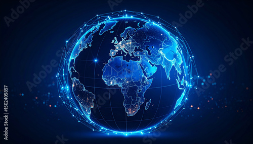 Global Network: A futuristic illustration of the Earth, depicted as a glowing network of interconnected nodes and lines, symbolizing global connectivity and data flow.