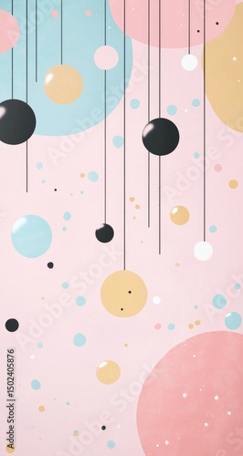 Pastel circles and spheres hang from thin lines on a light pink background