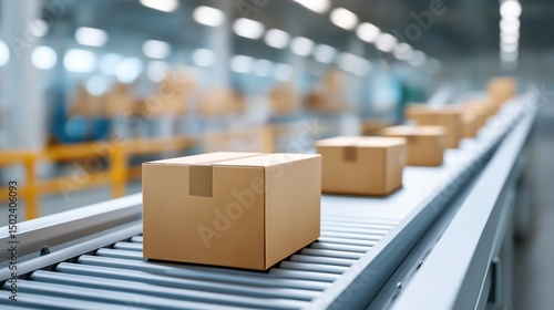 Boxes on a conveyor belt in an industrial setting