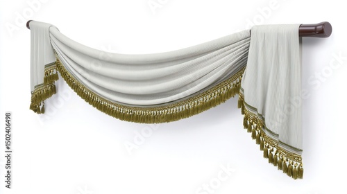 Elegant decorative window valance with golden fringe. Generative AI