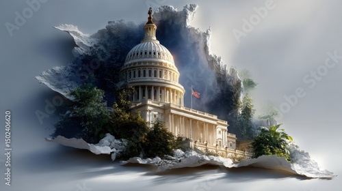 The United States Capitol Building Amidst Nature's Reclamation. Generative AI