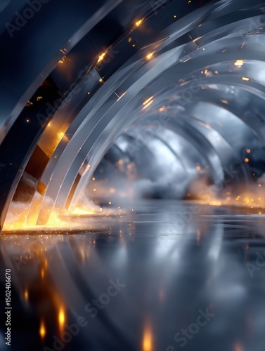 Futuristic fusion reactor tunnel with glowing lights and symmetrical design. Generative AI