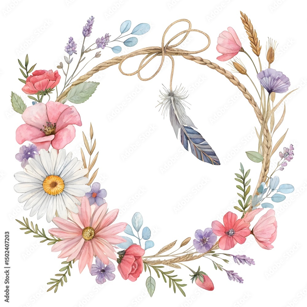 Fototapeta premium Bohemian Wildflower Garland with Feathers and Twine, boho flower garland, wildflower wreath, bohemian decor, floral twine, rustic bouquet, awe, surreal, spectacular, creativity, elegance, majestic