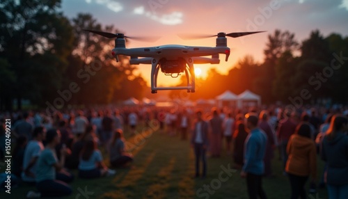 Drone flying over large crowd at sunset, capturing vibrant energy and summer scene