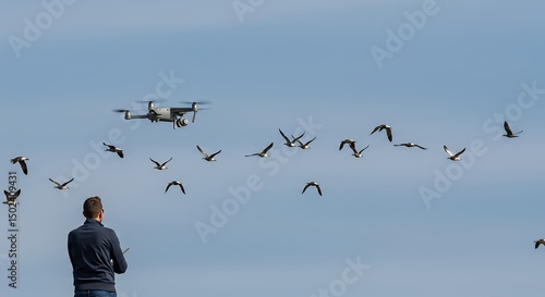 Drone Flies Among Birds in Blue Sky