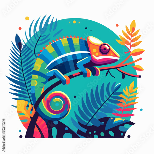 Vector illustration of a colorful chameleon on a branch, flat design, clean lines, minimal shadows, tropical background