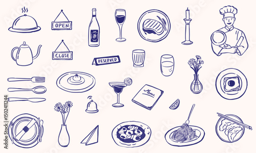 restaurant doodle icon ketch hand drawn illustration collection set - whimsical style