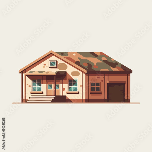 "Vector illustration of a military barrack building with camouflage roof, flat design style, isolated on white background, minimal shadows"

