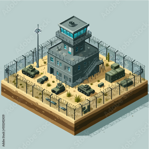 "Vector army base with soldier barracks, watchtower, and barbed wire fence, isometric view, flat colors, tactical military style"

