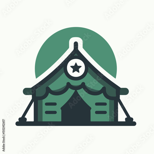 "Simple vector icon of a soldier barrack with green tent structure, military camp style, minimal flat icon design for mobile games"

