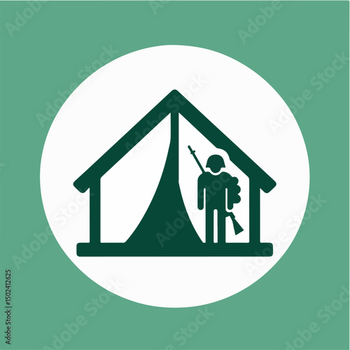 "Simple vector icon of a soldier barrack with green tent structure, military camp style, minimal flat icon design for mobile games"

