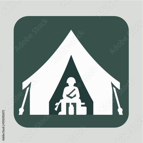 "Simple vector icon of a soldier barrack with green tent structure, military camp style, minimal flat icon design for mobile games"

