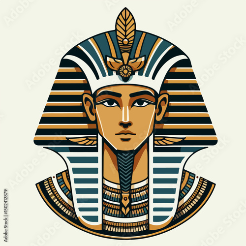 "Vector illustration of an ancient Egyptian pharaoh wearing a nemes headdress and golden collar, flat design, symmetrical composition, isolated on white background"


