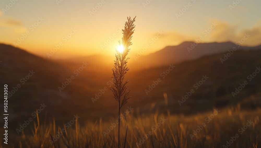 Fototapeta premium Golden sunset, grass, mountains