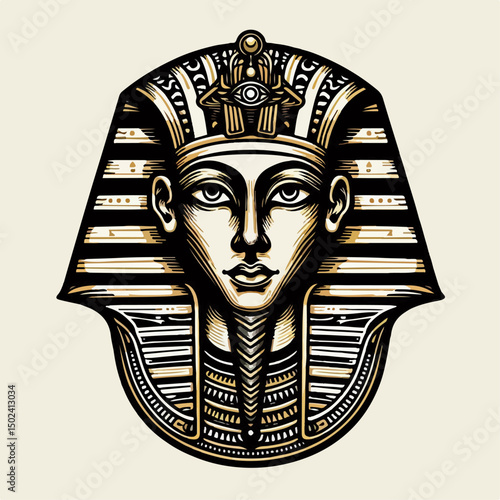 "Vector line art of Pharaoh Tutankhamun’s mask, detailed with traditional Egyptian patterns, black and gold, perfect for logos or tattoo design"

