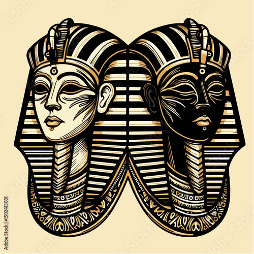 "Vector line art of Pharaoh Tutankhamun’s mask, detailed with traditional Egyptian patterns, black and gold, perfect for logos or tattoo design"

