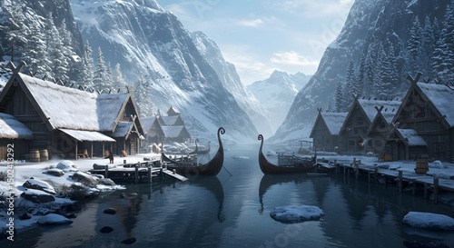 Viking Village in Winter Landscape with Wooden Buildings and Longboats