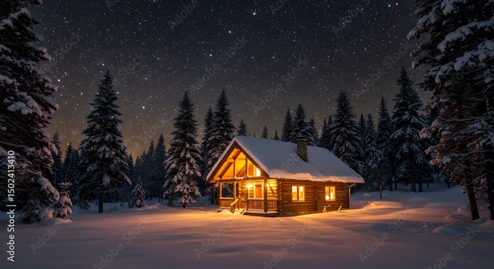 Winter Cabin in Snowy Forest Under Starry Night Winter Cabin in Snowy Forest Under Starry Night