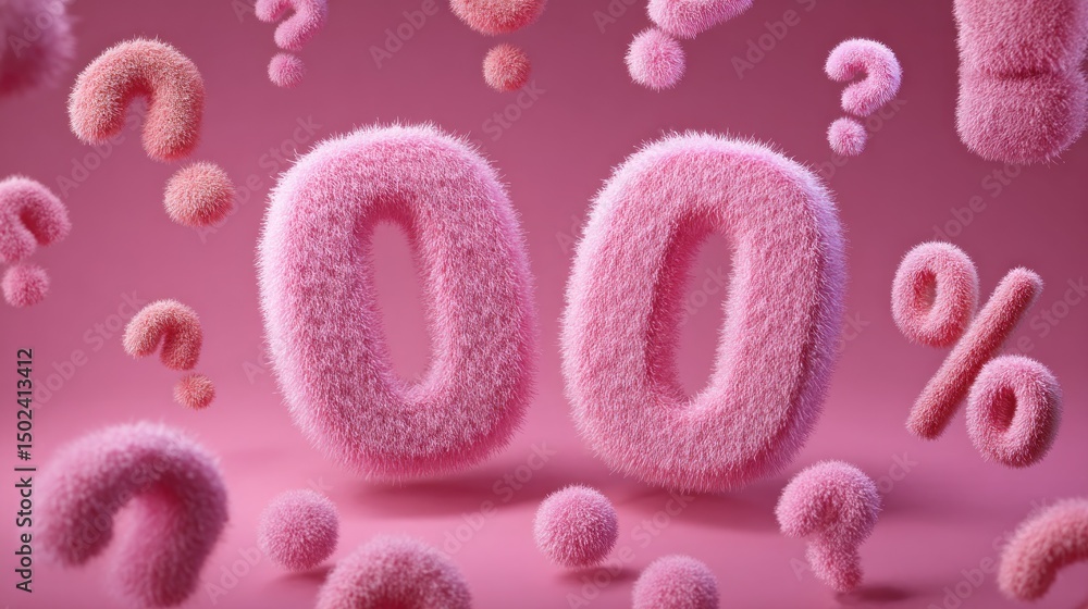 Fototapeta premium Fluffy pink zero percent surrounded by question marks and percentages