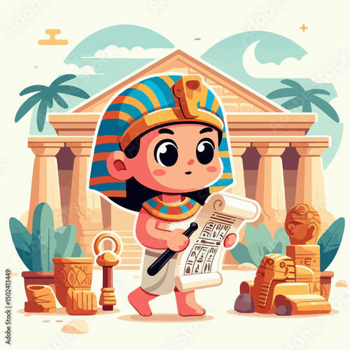 "Cartoon vector of a young pharaoh exploring a temple, with papyrus scrolls and ancient relics, cute and educational illustration"

