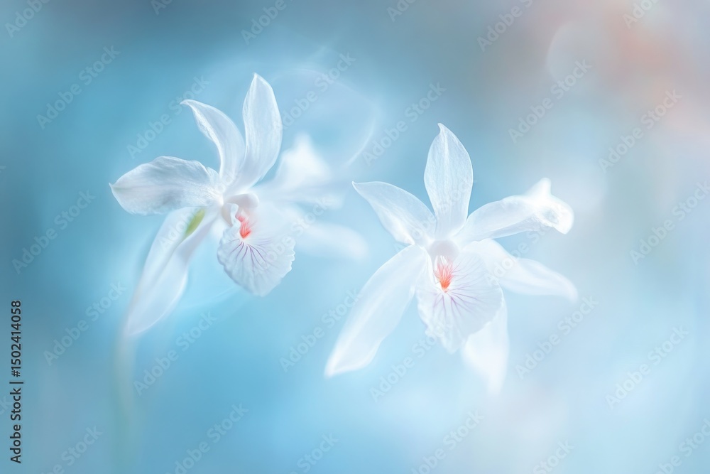 Fototapeta premium Delicate, pale white orchids against a soft, teal-blue background