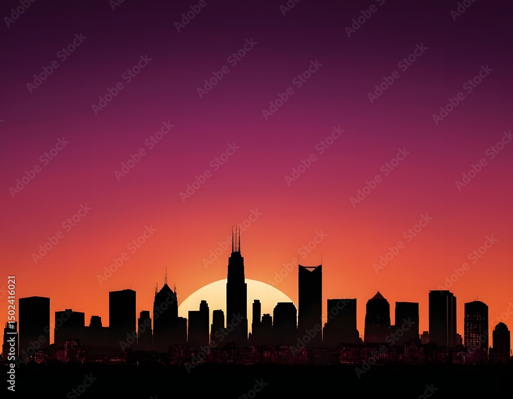 Obraz premium The sunset silhouettes of the Chicago and New York City skylines present a captivating urban cityscape with their iconic buildings against the colorful sky