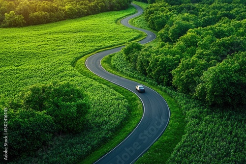Winding road through verdant fields and forests.