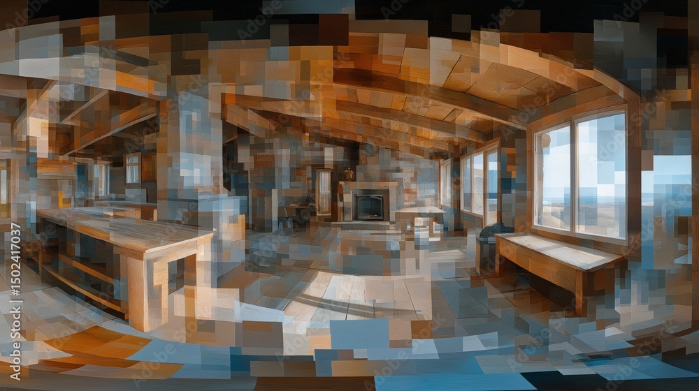 Lodge Interior: A welcoming, expansive lodge interior with exposed wooden beams, a cozy fireplace, and large windows framing the outside view. Lodge Interior: A welcoming, expansive lodge interior with exposed wooden beams, a cozy fireplace, and large windows framing the outside view.