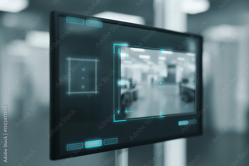 A digital touchscreen interface displays a futuristic user interface with focus marks, set in a modern, blurred office environment. A digital touchscreen interface displays a futuristic user interface with focus marks, set in a modern, blurred office environment.
