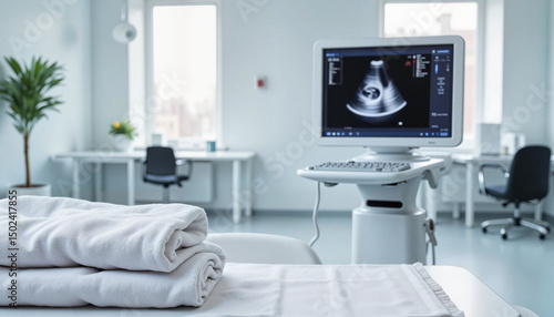 Medical examination room with ultrasound machine and prepared linens  