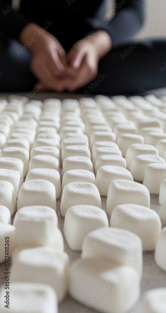Fototapeta premium Rows of white rectangular marshmallows. Hands in focus, seated