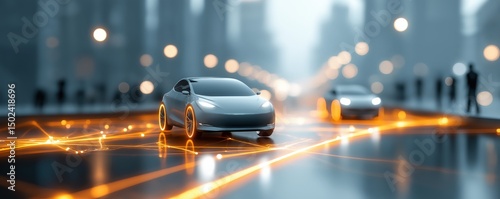 Self - driving cars on urban road with digital effects