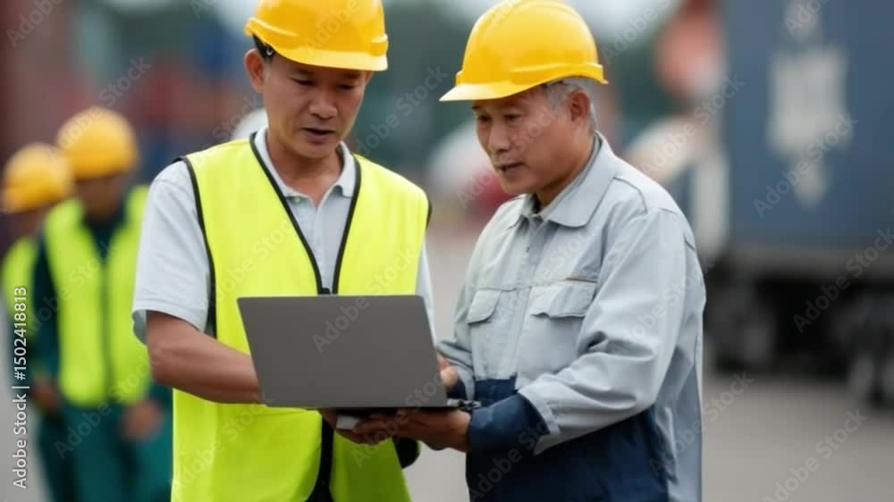 Engineering Discussion: Two dedicated engineers, donning yellow hard hats and safety vests, engage in a focused discussion, examining a laptop screen with focused intensity. Engineering Discussion: Two dedicated engineers, donning yellow hard hats and safety vests, engage in a focused discussion, examining a laptop screen with focused intensity.