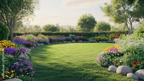 Lush garden with vibrant flowers, green grass, and stone accents
