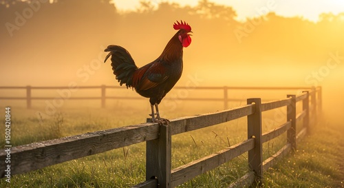 A vibrant rooster stands proudly on a rustic wooden fence, crowing at sunrise in a peaceful countryside setting