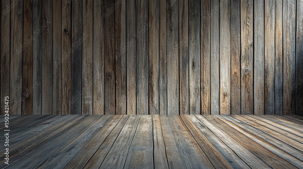 Rustic wooden wall and floor background. Dark, weathered planks create a vintage ambiance