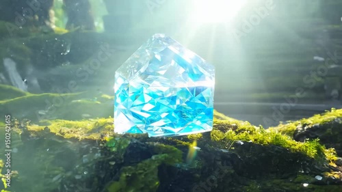 A glowing blue magical crystal in the middle of an ancient, dilapidated temple covered in moss and tree roots. A mystical crystal glows blue in a dilapidated temple of mossy roots.