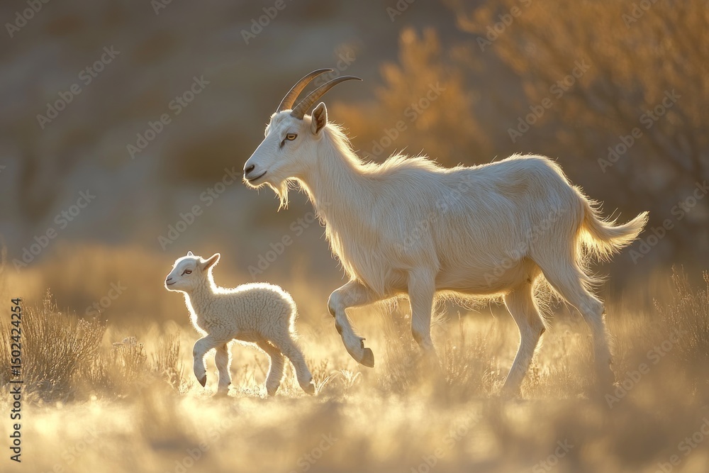 Obraz premium Mother goat and kid running in golden light