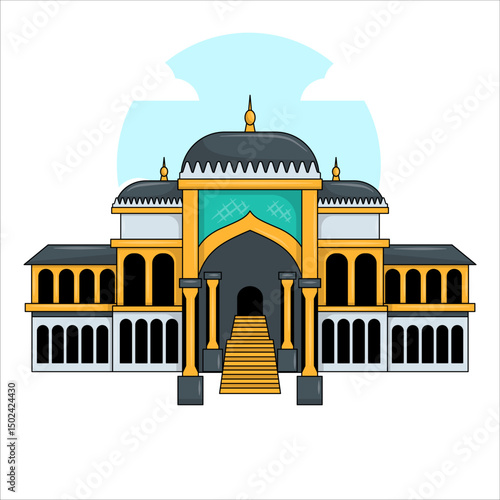 Vector illustration of Istana Maimun in Medan, Indonesia, featuring Malay architectural style with ornate and traditional details in a heritage setting.