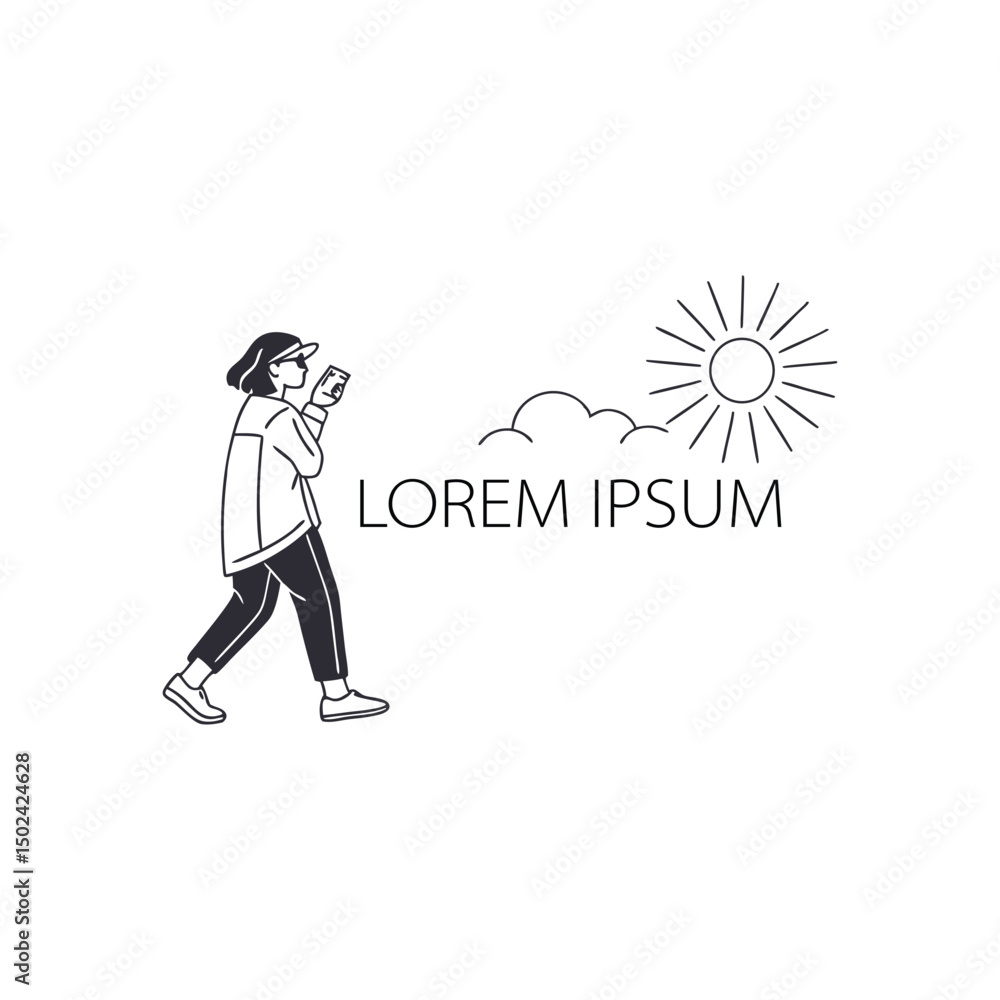 Fototapeta premium Stylish Woman Walking Outdoors Using Smartphone Sunny Day