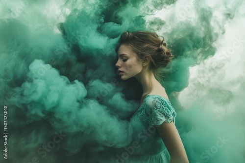 Thick green smoke envelops a young woman in an ethereal moment of serenity and contemplation, the bubbling of thick green smoke